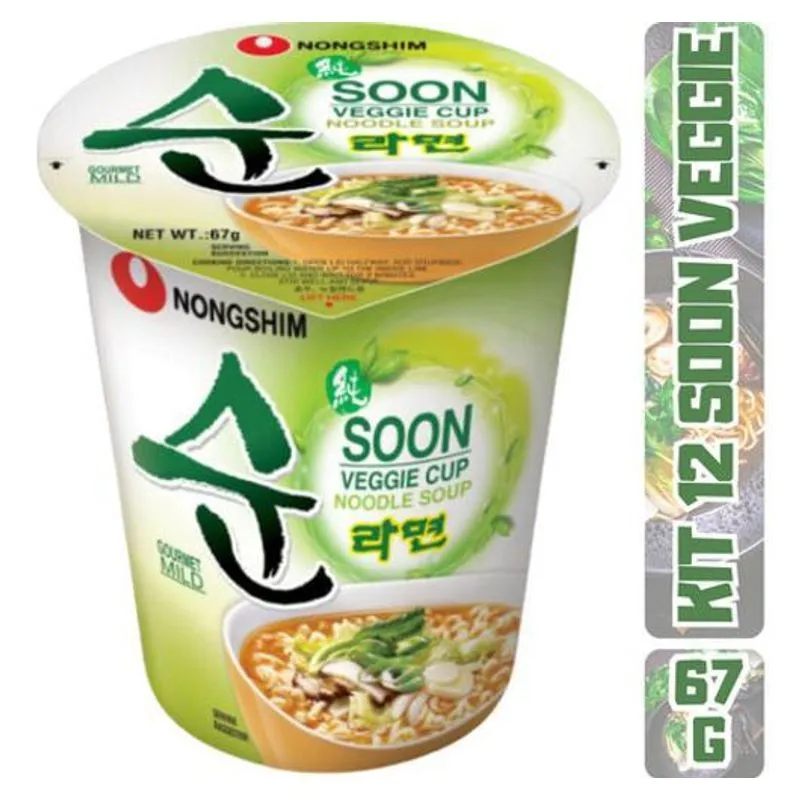 Caixa Com 12 Lamens Coreano Vegano Soon Veggie Copo 67g