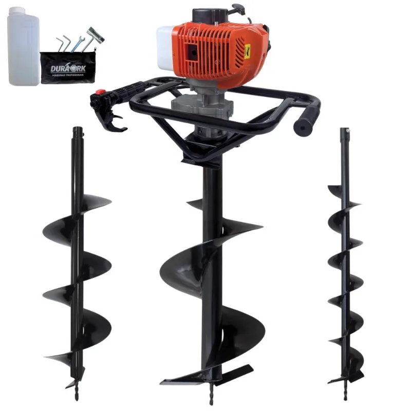 Perfurador Polaca Cavadeira Duratork Dps523m À Gasolina 2T 52cc 2,5hp Ignição Cdi Para Construção Civil Com Kit Brocas 80x10cm, 80x20cm E 80x30cm