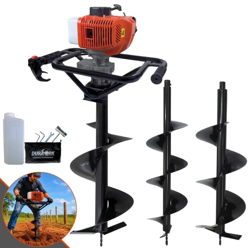 Trado Motorizado À Gasolina 2t Duratork Dps523g 52cc 10.500rpm 2,5hp Perfurador De Solo Profissional Completo Com Brocas 80x20cm, 80x25cm E 80x30cm