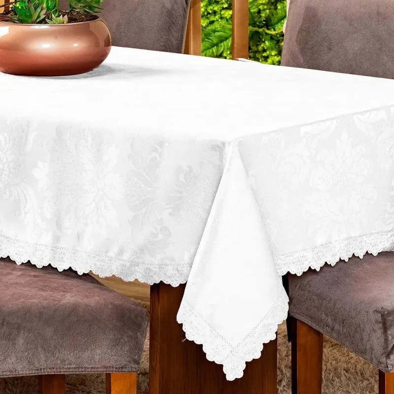 Toalha De Mesa Retangular Jacquard Medalhão Para 6 Lu Branco