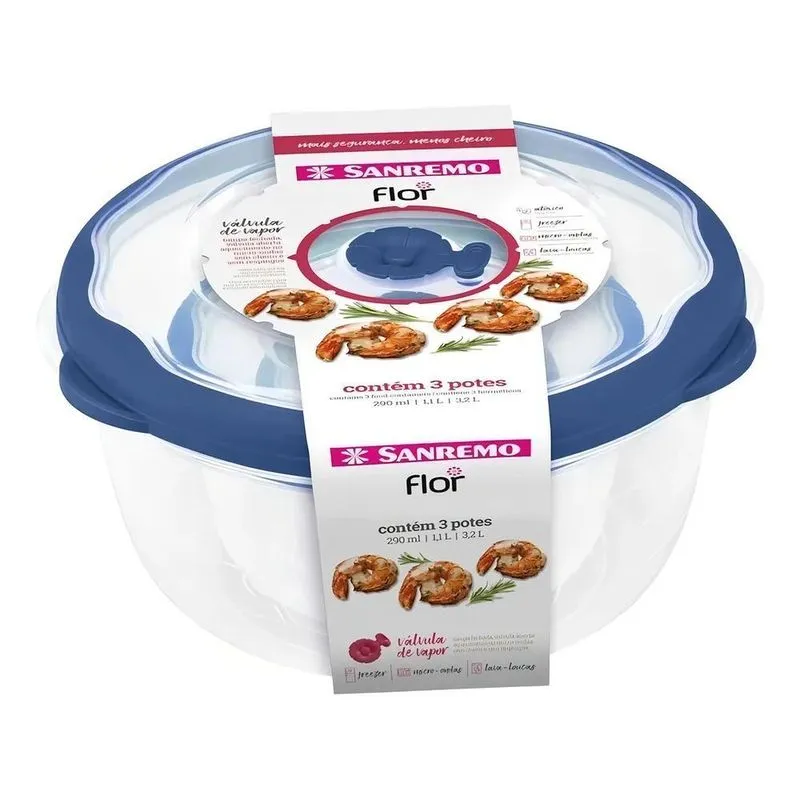 5x Conjunto De Potes Plásticos Redondos Herméticos Flor Azul
