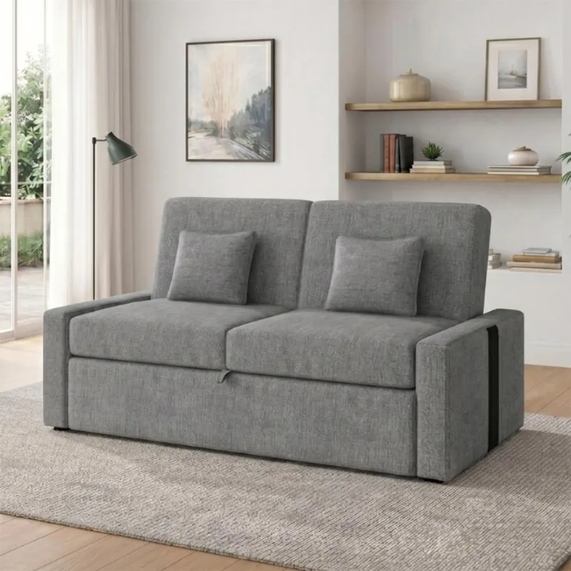 Sofá Cama Retrátil Charlotte 2 Lugares 145cm Preto e Linho Cinza Matrix