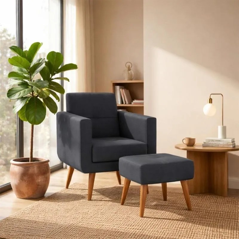 Poltrona Decorativa Pequim Com Puff Em Veludo Cinza Para Sala De Estar Matrix