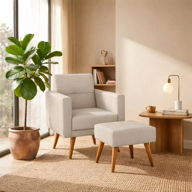 Poltrona Decorativa Com Puff Pequim Para Sala Veludo Bege Conforto Matrix