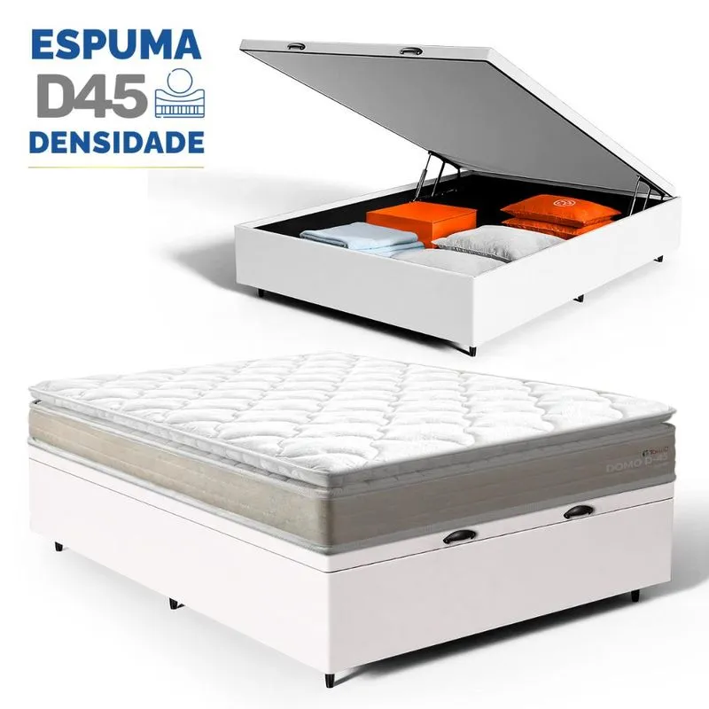 Cama Box com Baú e Colchão Casal Lucas Home Domo Espuma D45 Pillow Top Ortopédico 138cm