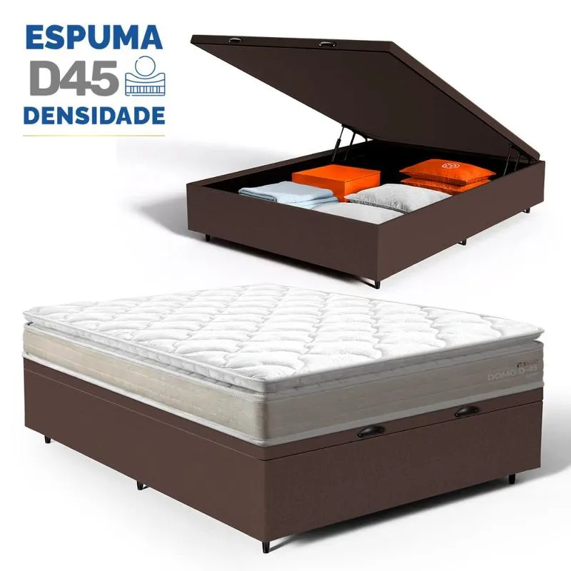 Cama Box com Baú e Colchão Casal Lucas Home Domo Espuma D45 Pillow Top Ortopédico 138cm