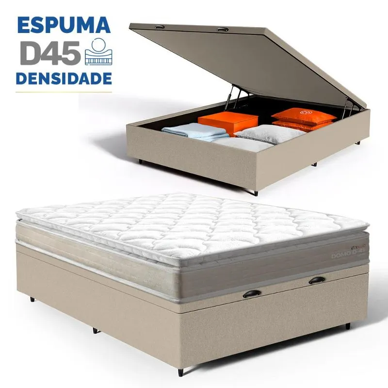 Cama Box com Baú e Colchão Casal Lucas Home Domo Espuma D45 Pillow Top Ortopédico 138cm