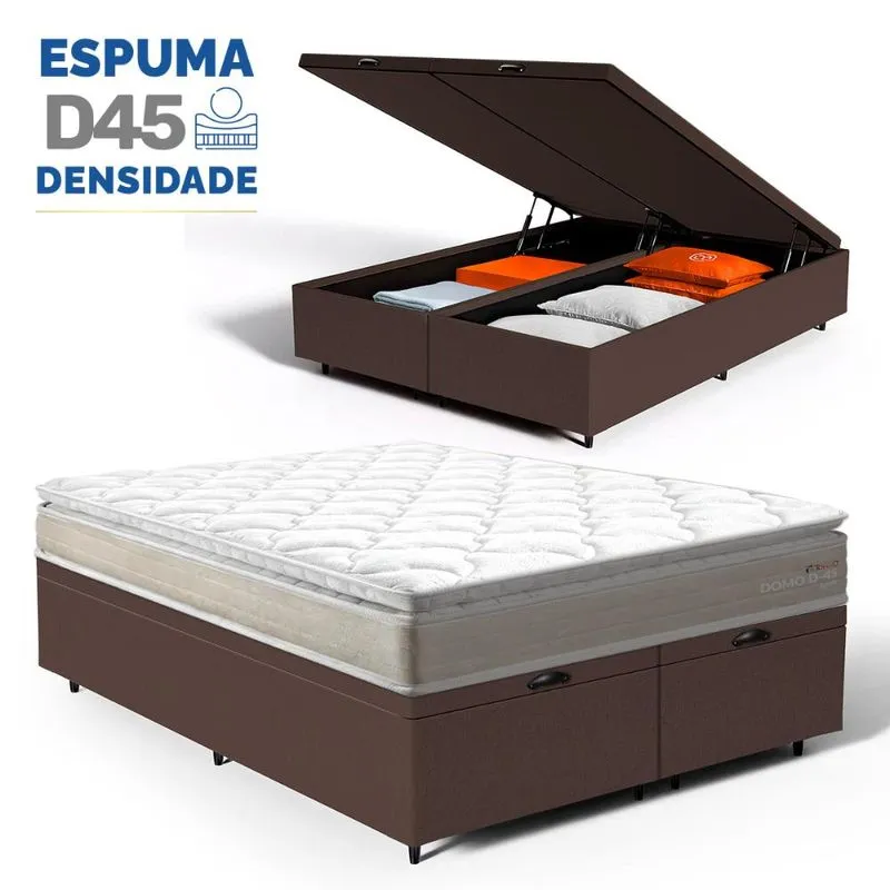 Cama Box com Baú e Colchão Ortopédico Lucas Home Domo Espuma D45 Pillow Top Queen 158cm
