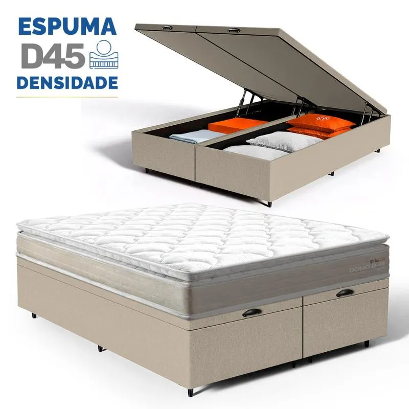 Cama Box com Baú e Colchão Ortopédico Lucas Home Domo Espuma D45 Pillow Top Queen 158cm