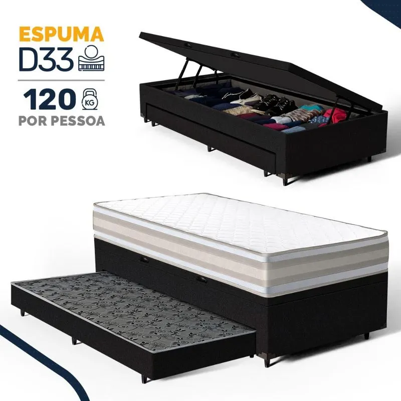 Cama Box Baú com Colchão de Espuma D33 Double Face Territory Hellen + Auxiliar Solteiro 88cm