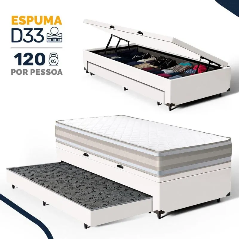 Cama Box Baú com Colchão de Espuma D33 Double Face Territory Hellen + Auxiliar Solteiro 88cm
