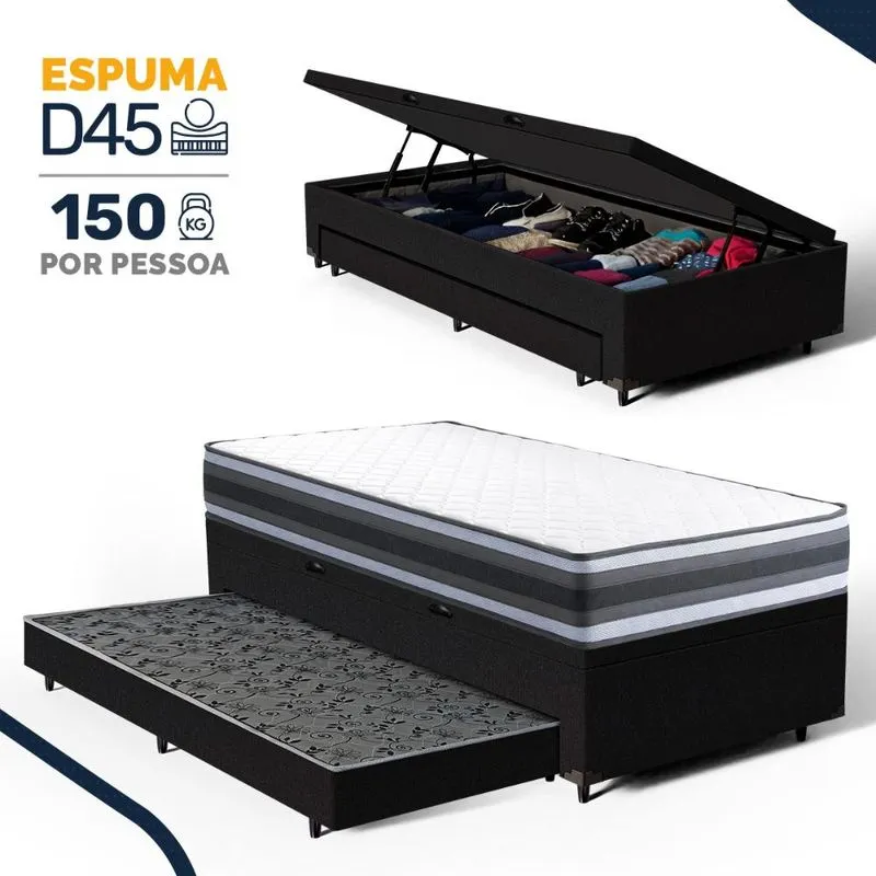 Cama Box Baú com Colchão de Espuma D45 Double Face Territory Hellen + Auxiliar Solteiro 88cm
