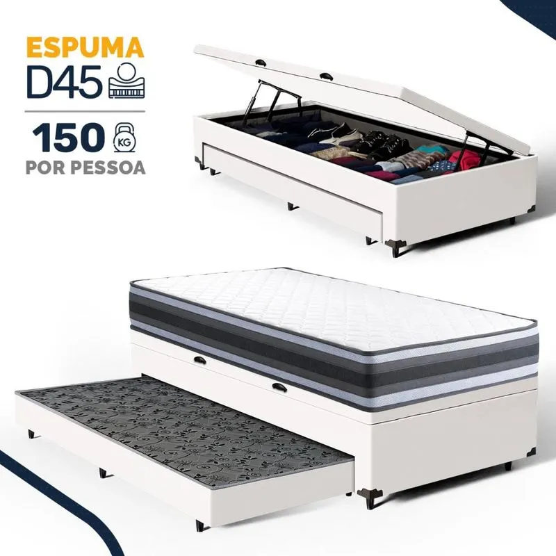 Cama Box Baú com Colchão de Espuma D45 Double Face Territory Hellen + Auxiliar Solteiro 88cm