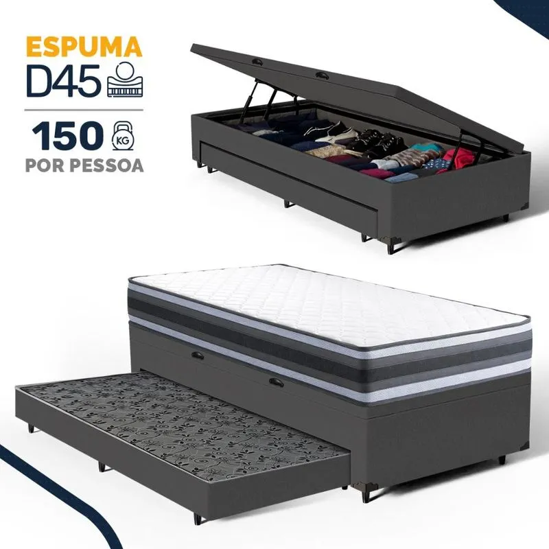 Cama Box Baú com Colchão de Espuma D45 Double Face Territory Hellen + Auxiliar Solteiro 88cm