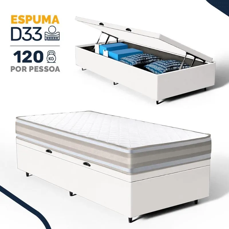 Cama Box Baú com Colchão de Espuma D33 Double Face Territory Hellen Solteiro 88cm