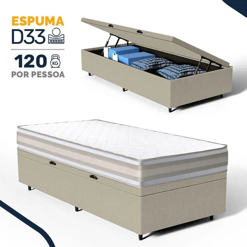Cama Box Baú com Colchão de Espuma D33 Double Face Territory Hellen Solteiro 88cm
