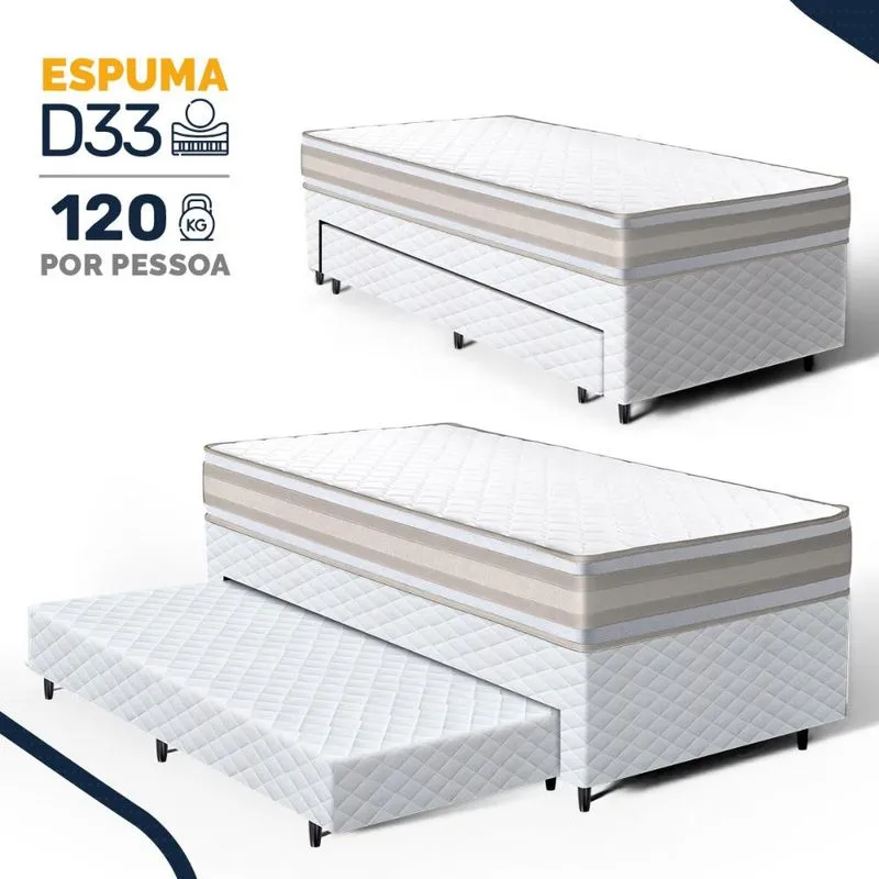 Cama Box com Colchão de Espuma D33 Double Face Territory Hellen + Auxiliar de Espuma Unique Solteiro 88cm