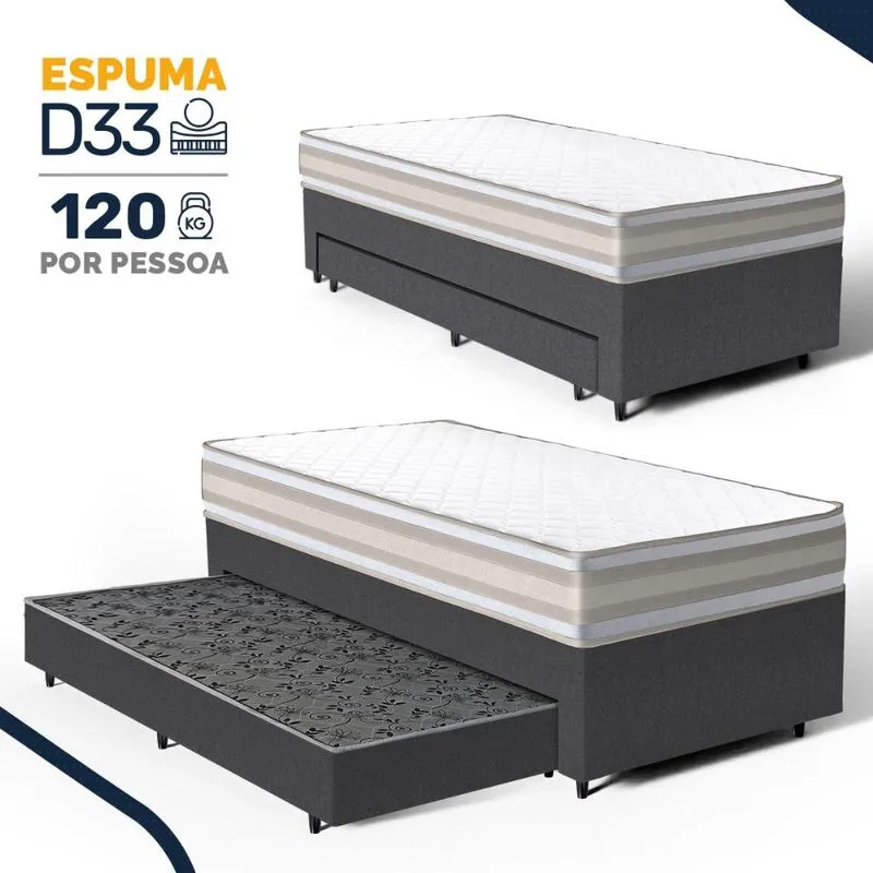 Cama Box com Colchão de Espuma D33 Double Face Territory Hellen + Auxiliar de Espuma Unique Solteiro 88cm