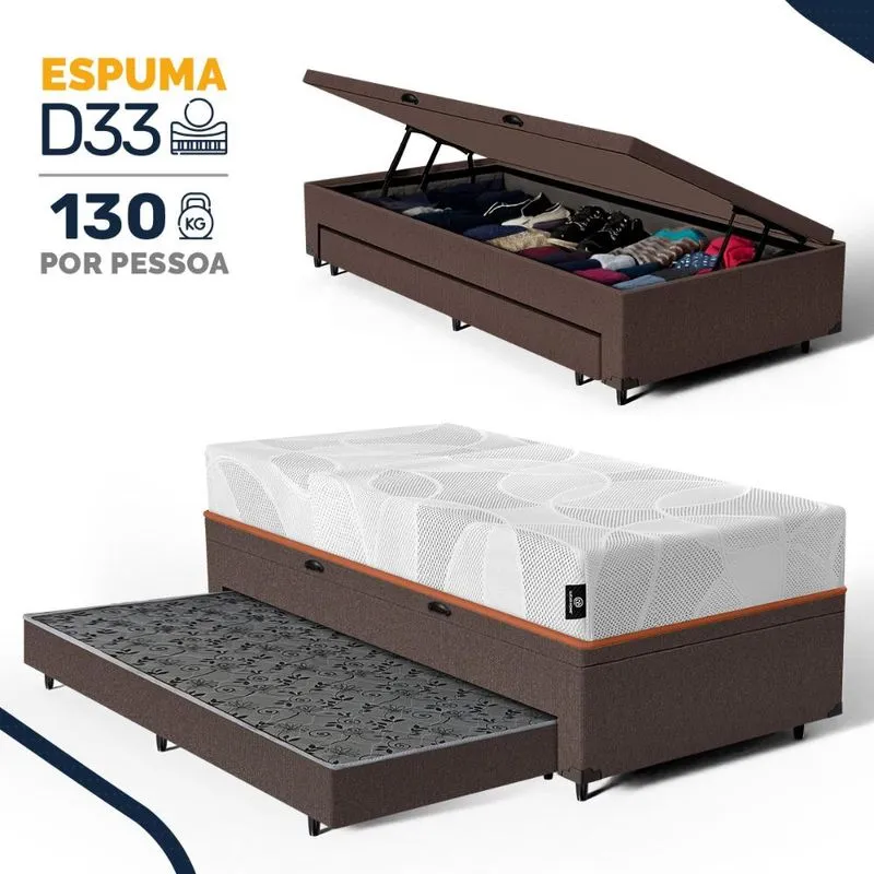 Cama Box Baú com Colchão de Espuma D33 Enrolado Sonno Full - Umaflex + Auxiliar de Espuma Solteiro 88cm