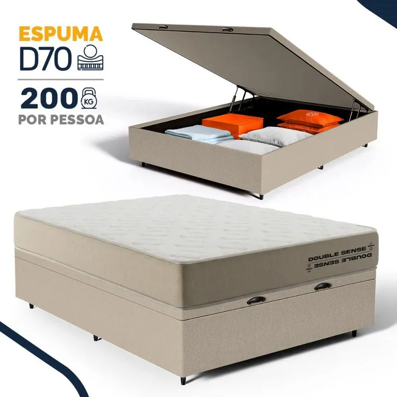 Cama Box Baú com Colchão de Espuma D70 Double Face Ortopédico Double Sense Topazio Casal 138cm