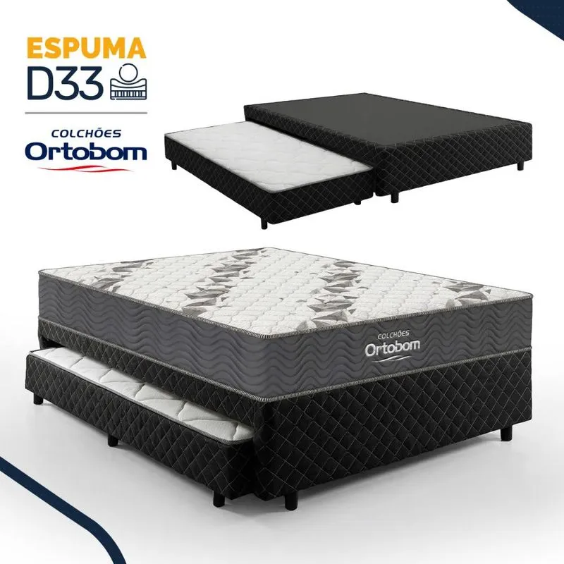 Bicama Box Casal Ortobom Airtech 100 Espuma D33 com Cama Auxiliar Madeira Preta