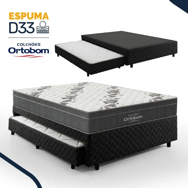Bicama Box Casal Ortobom Airtech Ortopillow Espuma D33 com Cama Auxiliar D28 Preta