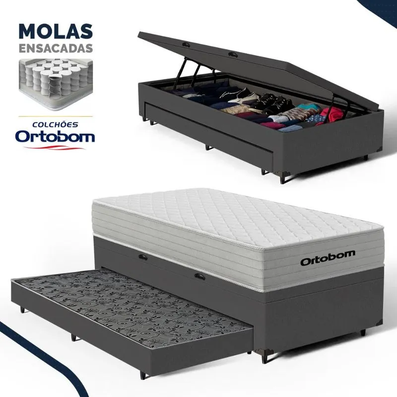 Cama Box Baú com Colchão de Molas Ensacadas Ortobom One Face Plenno Superpocket + Auxiliar de Espuma Solteiro 88cm