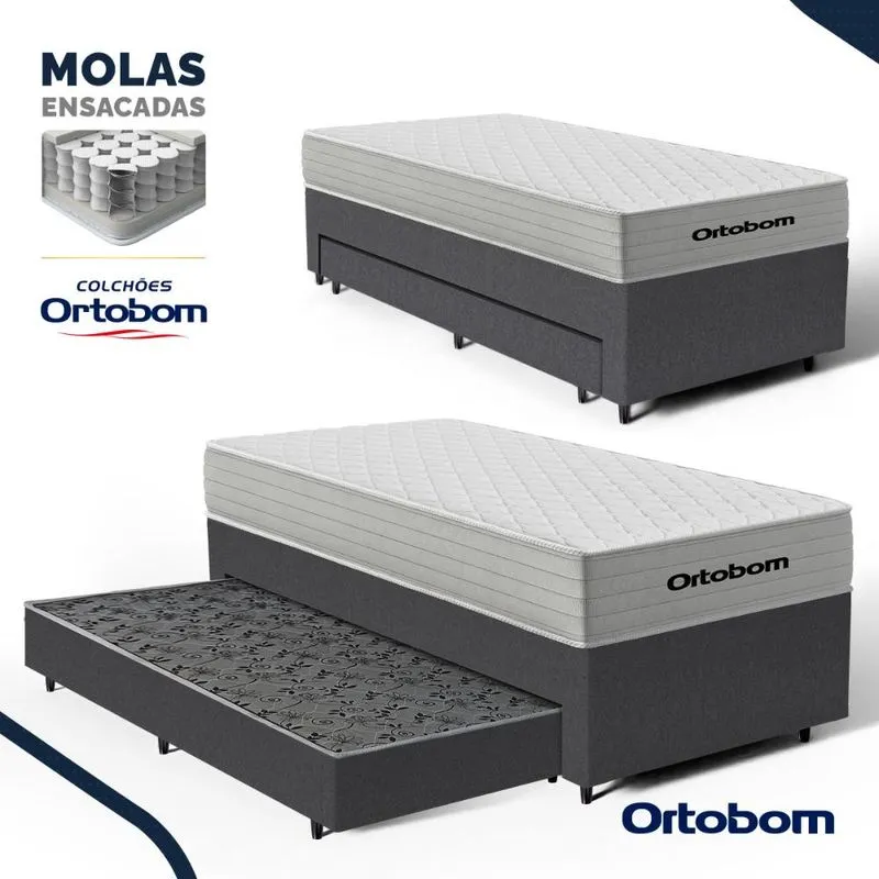 Cama Box com Colchão de Molas Ensacadas Ortobom One Face Plenno Superpocket + Auxiliar de Molas Solteiro 88cm
