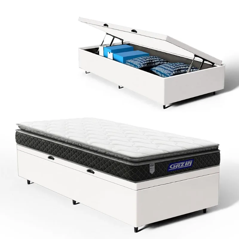 Cama Box Baú com Colchão Gazin de Espuma D28 Pillow Top Ortoblack Solteiro 88cm