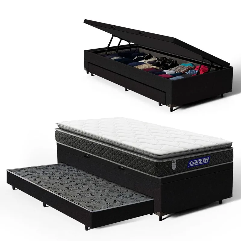 Cama Box Baú com Colchão Gazin de Espuma D28 Pillow Top Ortoblack + Auxiliar de Espuma Solteiro 88cm