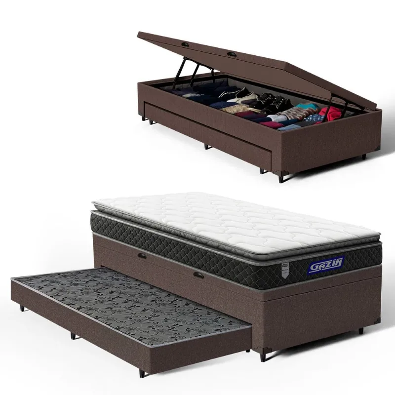 Cama Box Baú com Colchão Gazin de Espuma D28 Pillow Top Ortoblack + Auxiliar de Espuma Solteiro 88cm