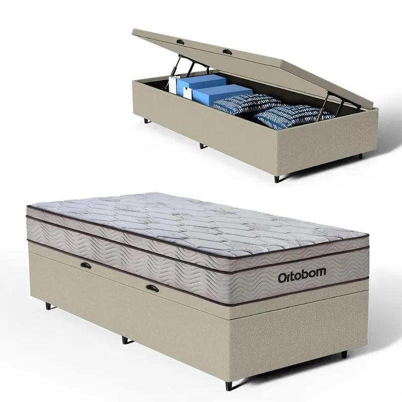 Cama Box Baú com Colchão Ortobom de Molas Ensacadas Pillow In Pro Vida Solteiro 88cm
