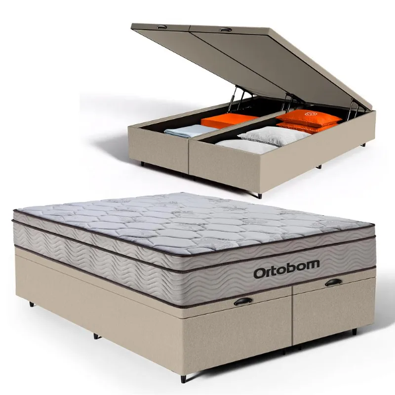 Cama Box Baú com Colchão Ortobom de Molas Ensacadas Pillow In Pro Vida Queen 158cm