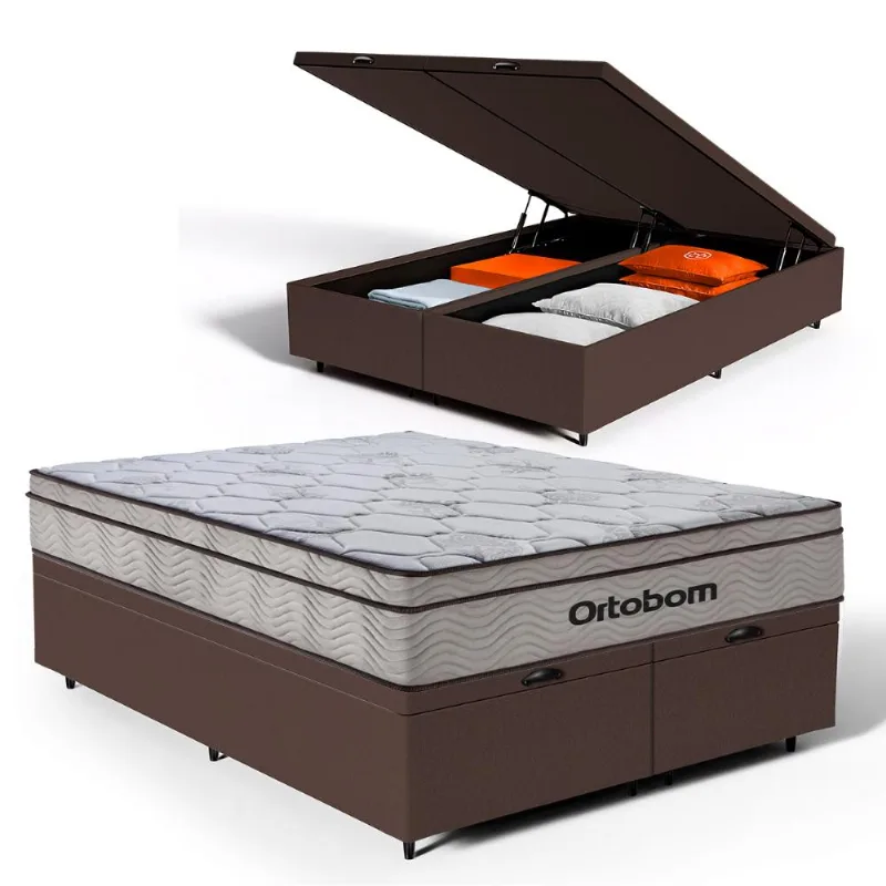 Cama Box Baú com Colchão Ortobom de Molas Ensacadas Pillow In Pro Vida King 193cm