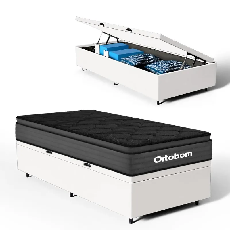 Cama Box Baú com Colchão Ortobom de Espuma Pillow Top Confort Black Solteiro 88cm