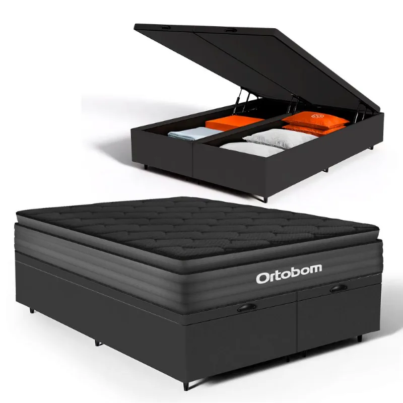 Cama Box Baú com Colchão Ortobom de Espuma Pillow Top Confort Black Queen 158cm
