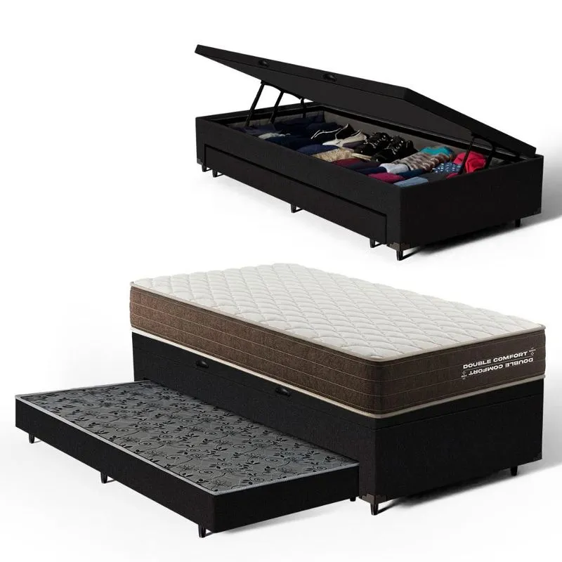 Cama Box Baú com Colchão de Espuma D33 Double Comfort + Auxiliar Solteiro 88cm