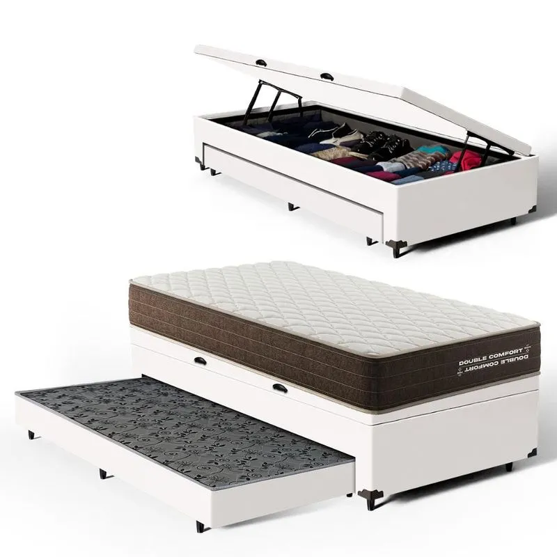 Cama Box Baú com Colchão de Espuma D33 Double Comfort + Auxiliar Solteiro 88cm