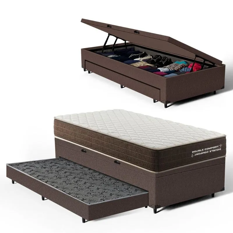 Cama Box Baú com Colchão de Espuma D33 Double Comfort + Auxiliar Solteiro 88cm