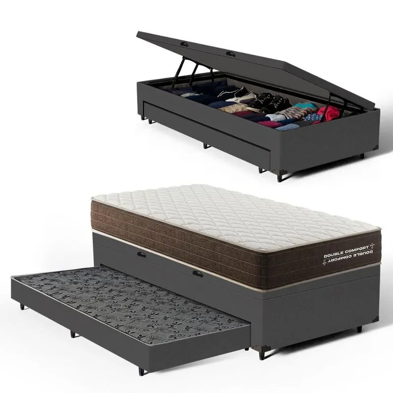 Cama Box Baú com Colchão de Espuma D33 Double Comfort + Auxiliar Solteiro 88cm