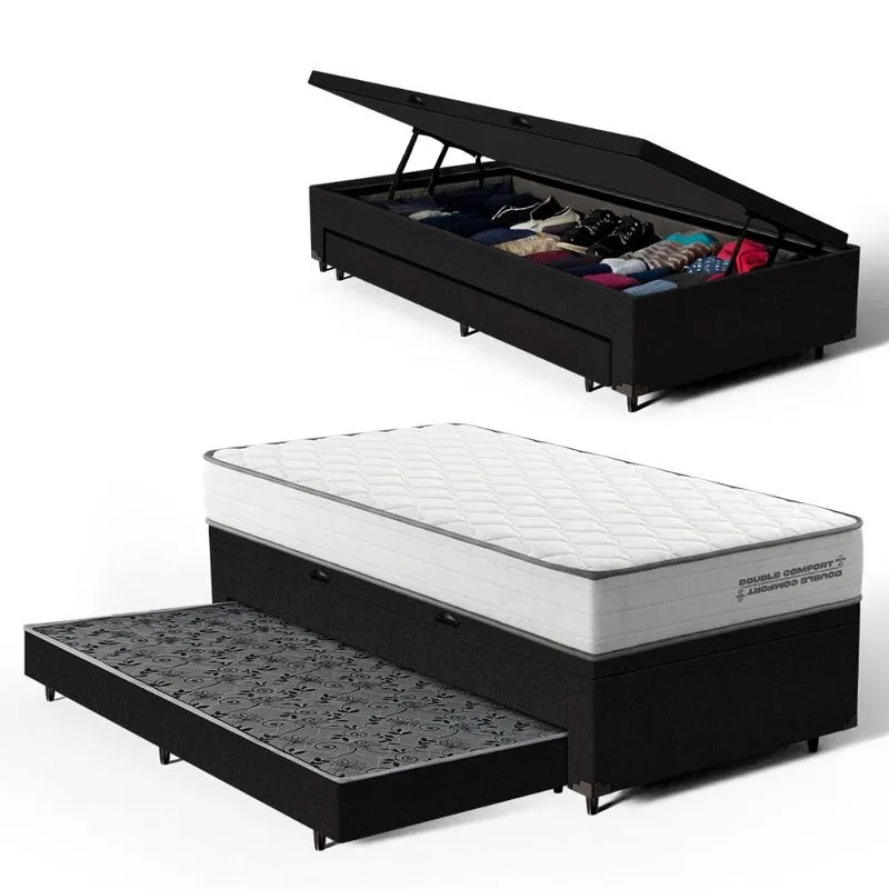 Cama Box Baú com Colchão de Molas Ensacadas Double Comfort + Auxiliar Solteiro 88cm