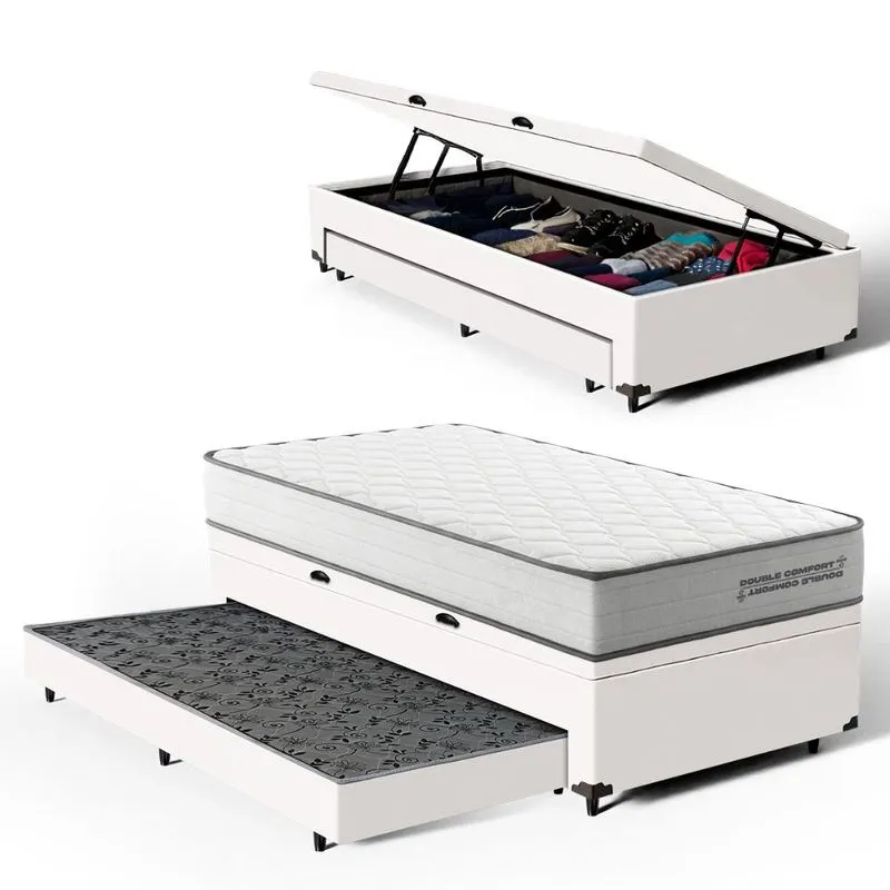 Cama Box Baú com Colchão de Molas Ensacadas Double Comfort + Auxiliar Solteiro 88cm