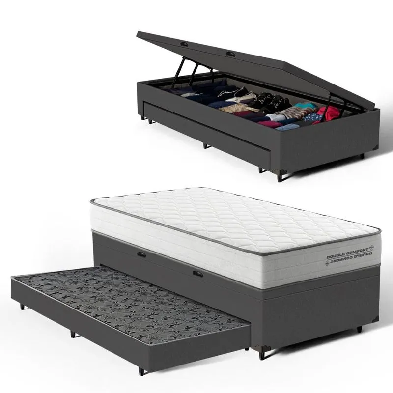 Cama Box Baú com Colchão de Molas Ensacadas Double Comfort + Auxiliar Solteiro 88cm
