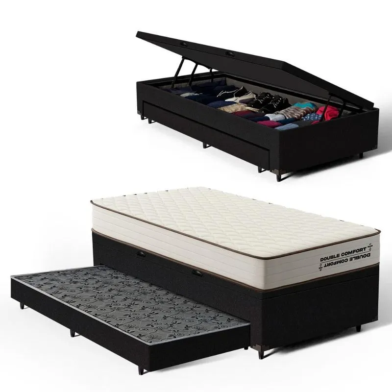 Cama Box Baú com Colchão de Espuma D45 Double Comfort + Auxiliar Solteiro 88cm