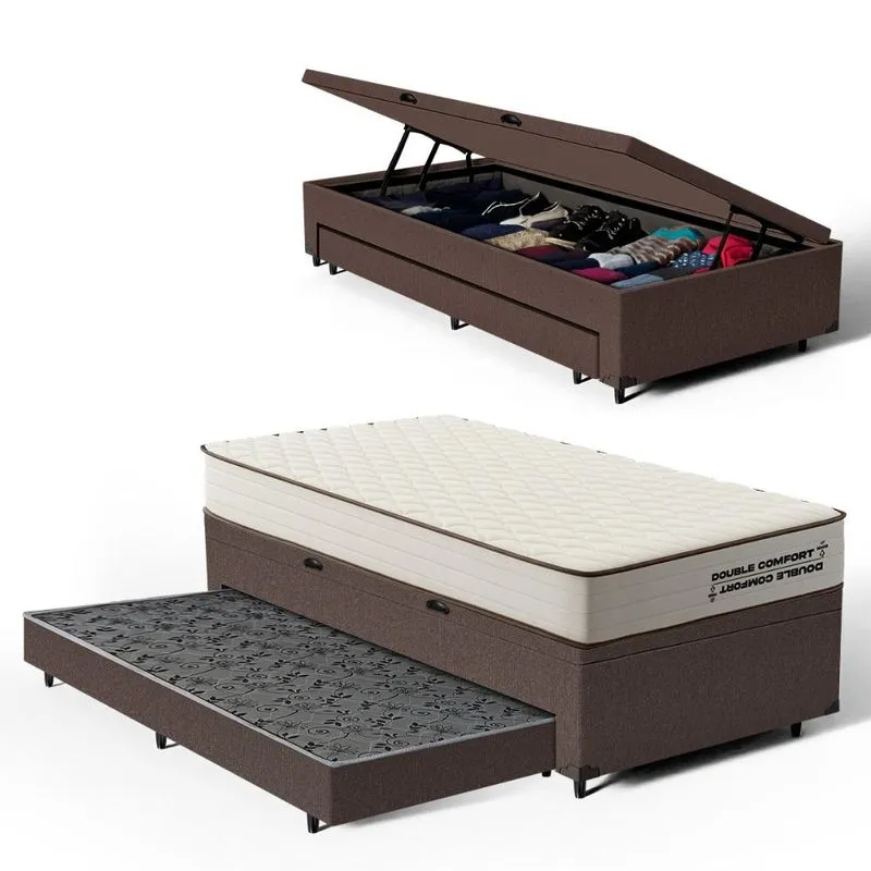 Cama Box Baú com Colchão de Espuma D45 Double Comfort + Auxiliar Solteiro 88cm