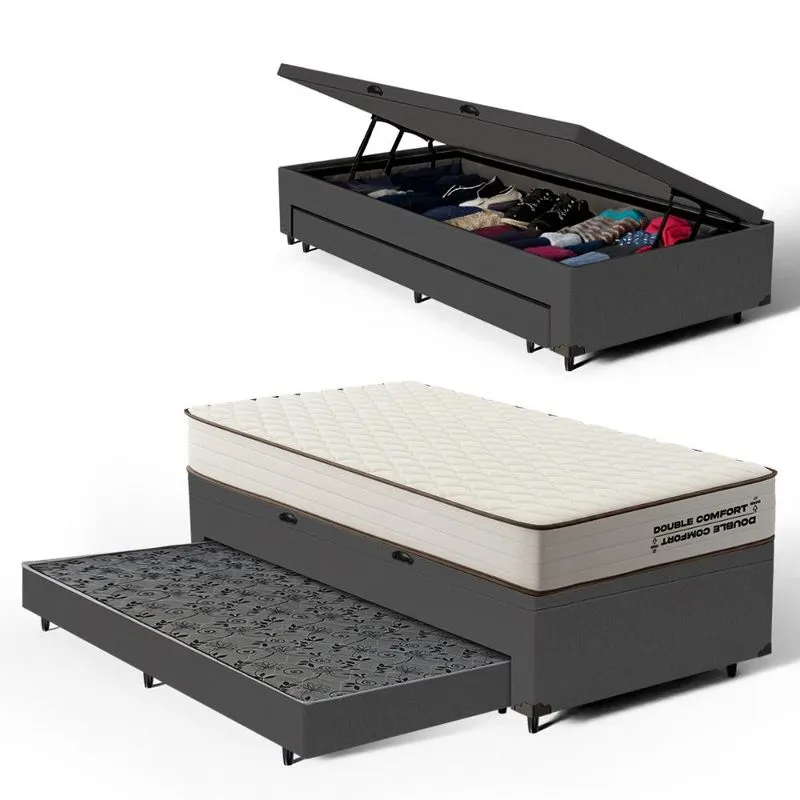 Cama Box Baú com Colchão de Espuma D45 Double Comfort + Auxiliar Solteiro 88cm