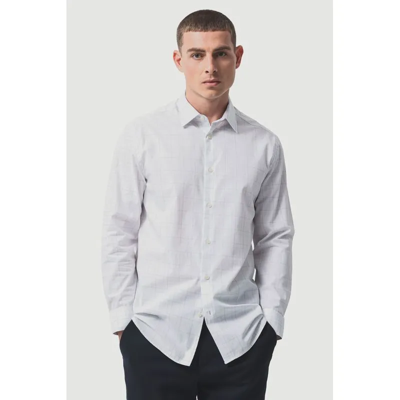 Camisa Manga Longa Slim Algodão Xadrez Branco Com Marinho - XGG
