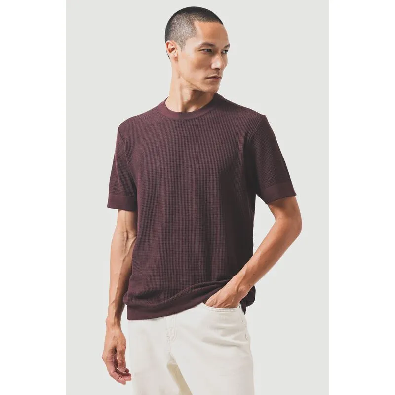 Tricot Manga Curta Jacquard Mini Grid Burgundy - G