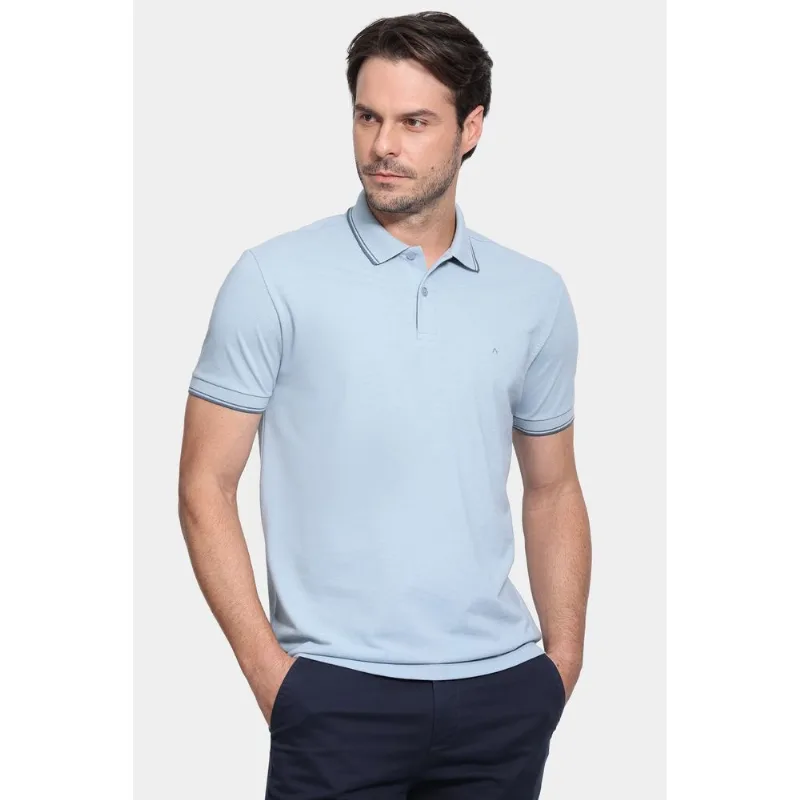Polo Manga Curta Friso Mescla Azul Celeste - G