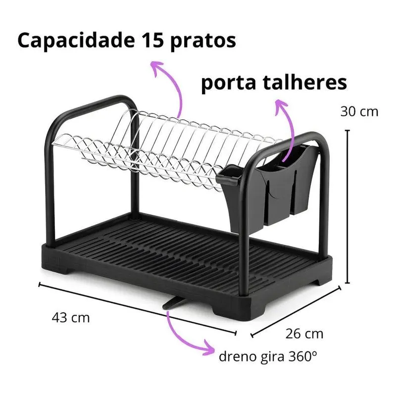 Escorredor De Louça Cromado Black Para Copos Pratos Cor Pret